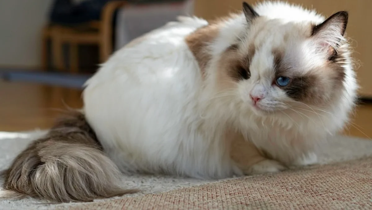 Biały Ragdoll kot z niebieskimi oczami leżący na podłodze