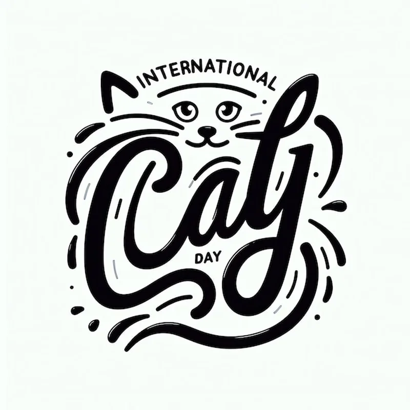 Międzynarodowy Dzień Kotów - czarno-biała ilustracja z typografią do druku
