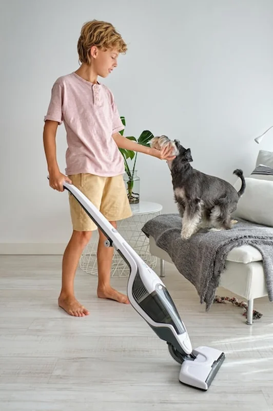 Chłopiec odkurza sierść psa Schnauzera w salonie