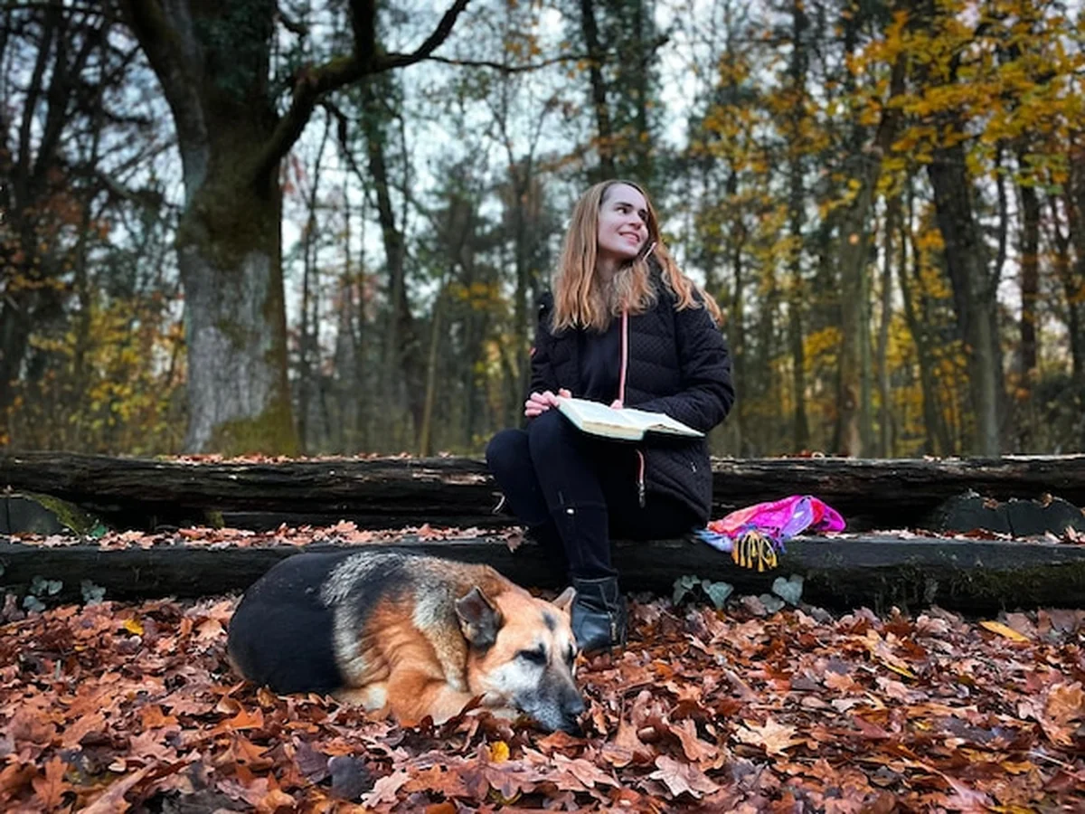 Kobieta czytająca na drewnianej ławce w lesie jesienią z psem obok