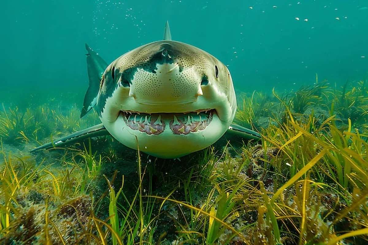 Wielki biały rekin z podwodnym trawnikiem w tle